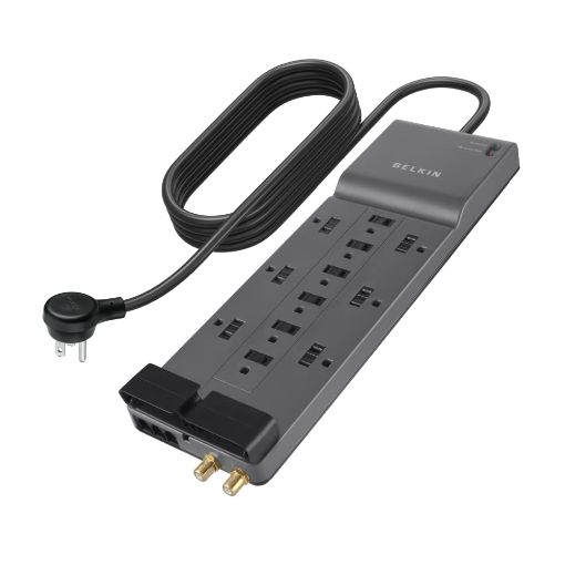 Picture of Belkin Power Strip Surge Protector - 12 AC Multiple Outlets & 8 ft Long Flat Plug Heavy Duty Extension Cord for Home, Office, Travel, Computer Desktop, Laptop & Phone Charging Brick (3,940 Joules)